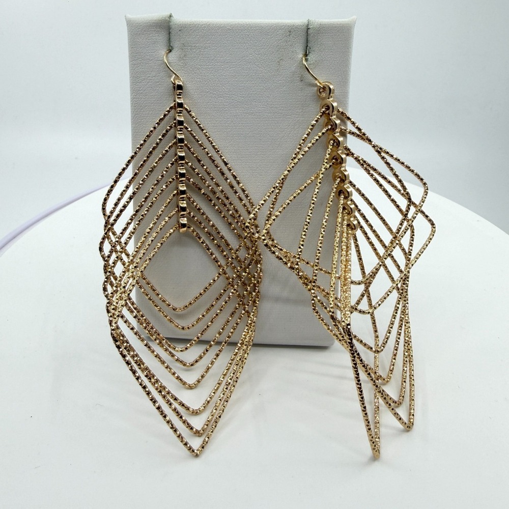 Gold Tiered Diamond Dangle Earrings Statement Chunky Boho‎ Festival Layered Gift